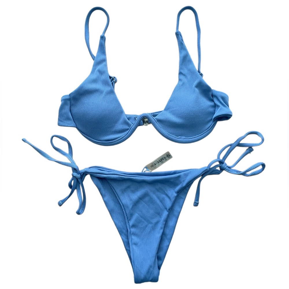 Periwinkle Underwire Triangle Bikini Swimwear - Cheeky String Ribbed Bikini Set - Picture 2 of 8